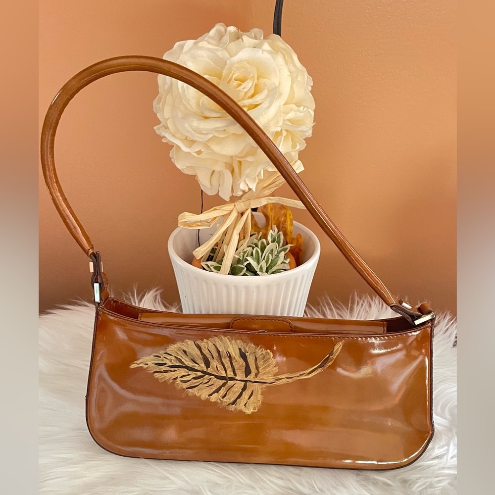 Salvatore Ferragamo Rare vintage Brown Patent Shoulder Bag with Gold Leaf Accent